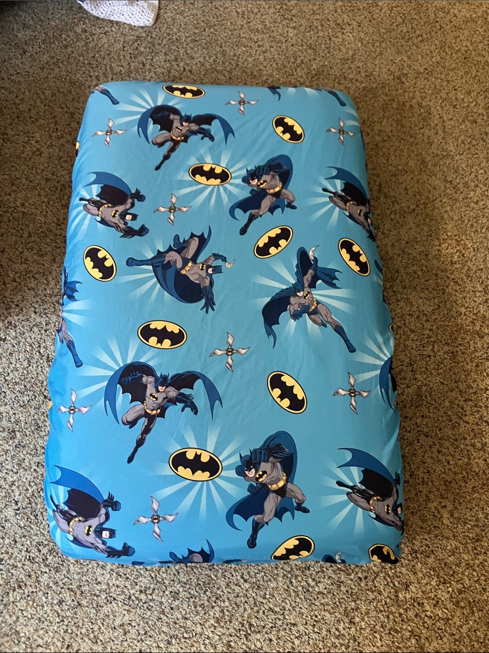 Batman Blue Superhero Fitted Sheet with Yellow Bat-Signal crib size toddler bed